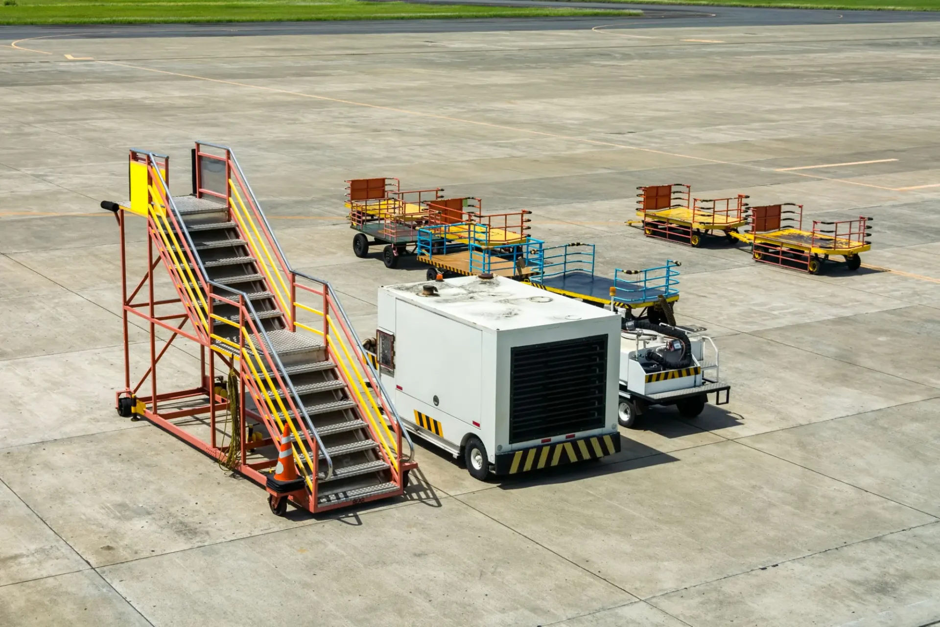Luggage carts and conveyor belts at an airport tarmac.